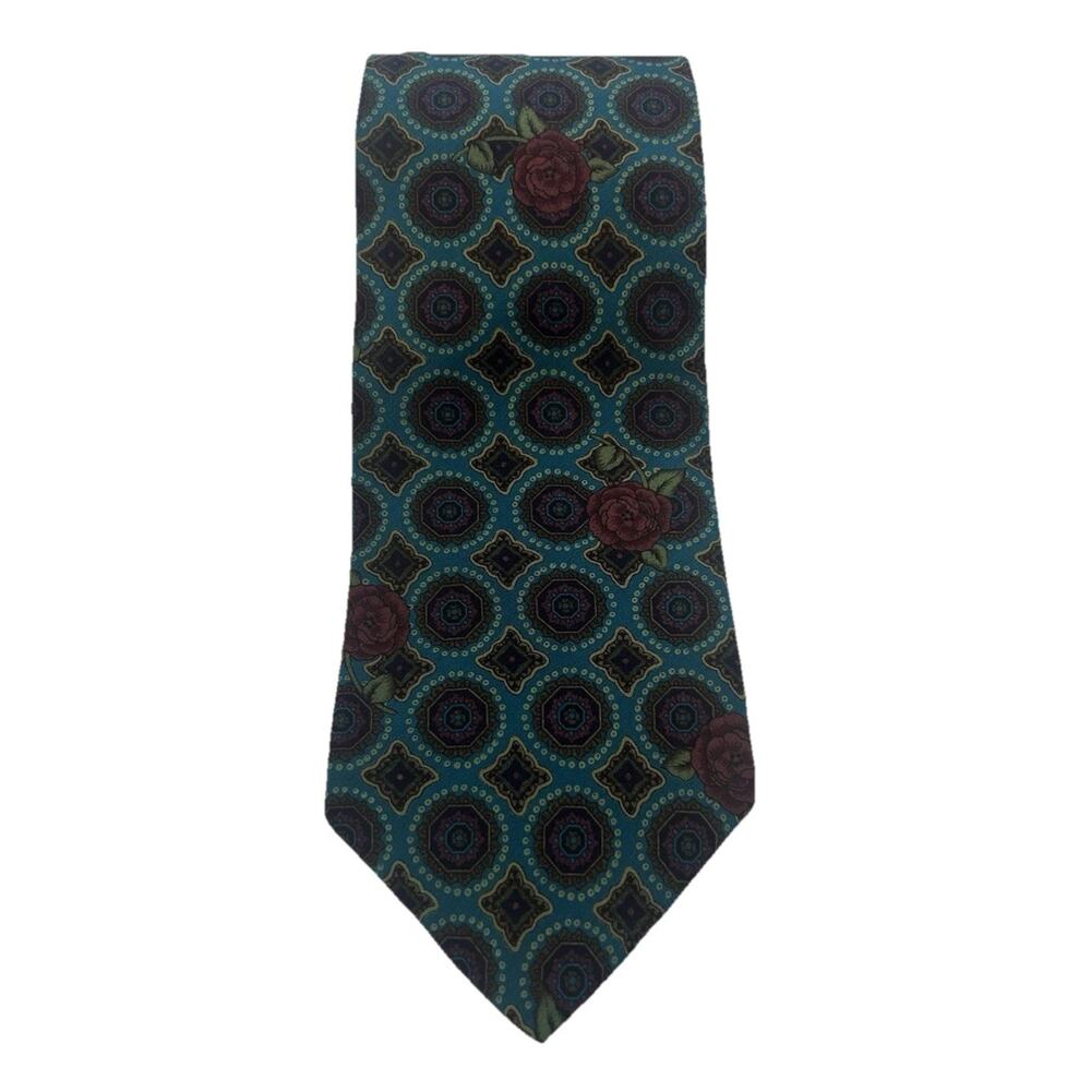 Vtg 1990s Tango by Max Raab Mens Silk Tie 3.75” Muted Turquoise Abstract Roses - Picture 2 of 8